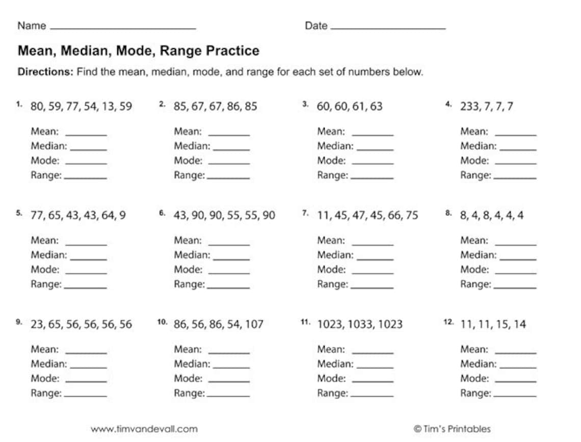 Mean Median Mode Range Worksheets PDF 3 Printable Worksheets Etsy