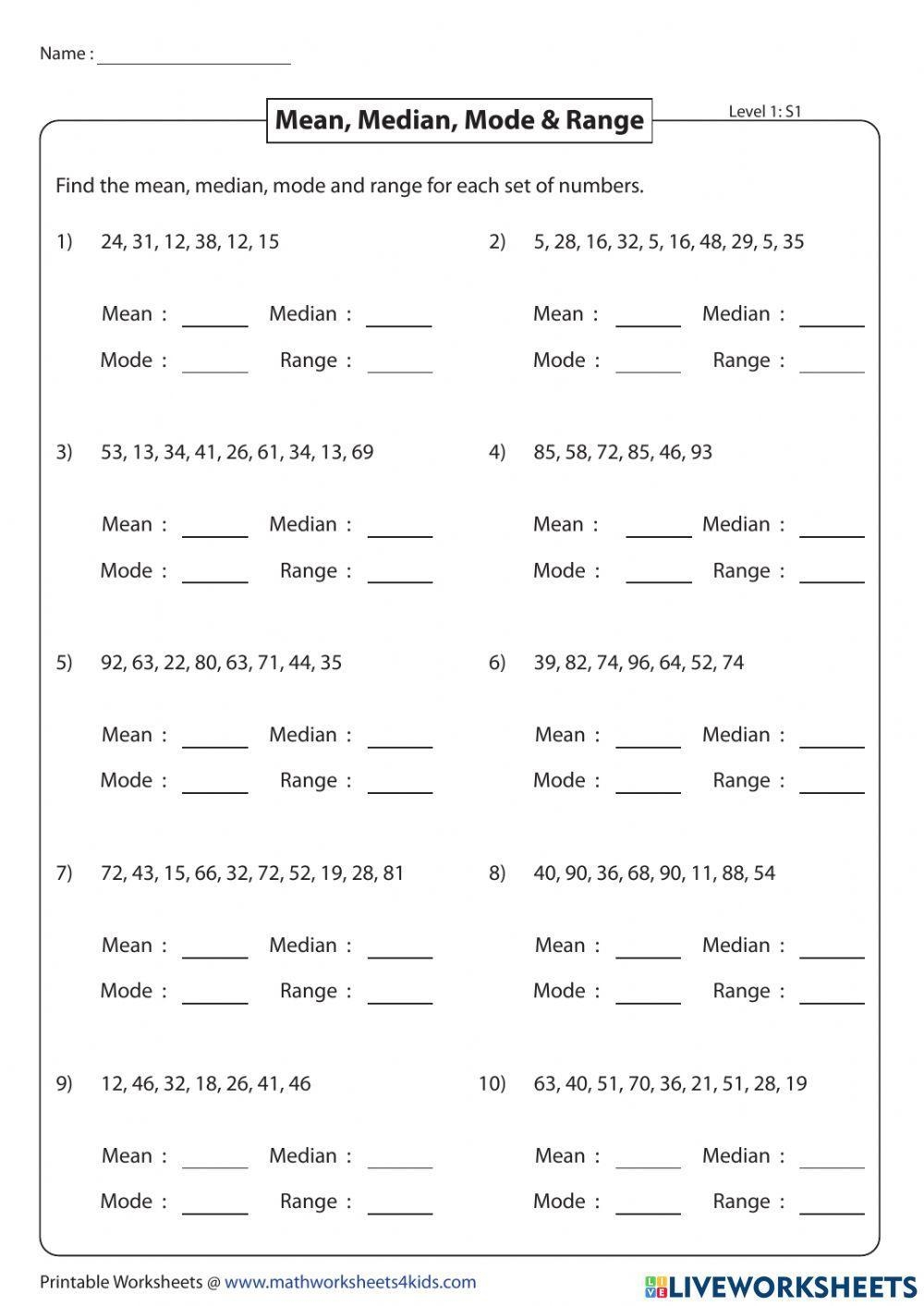 worksheet about mean median mode