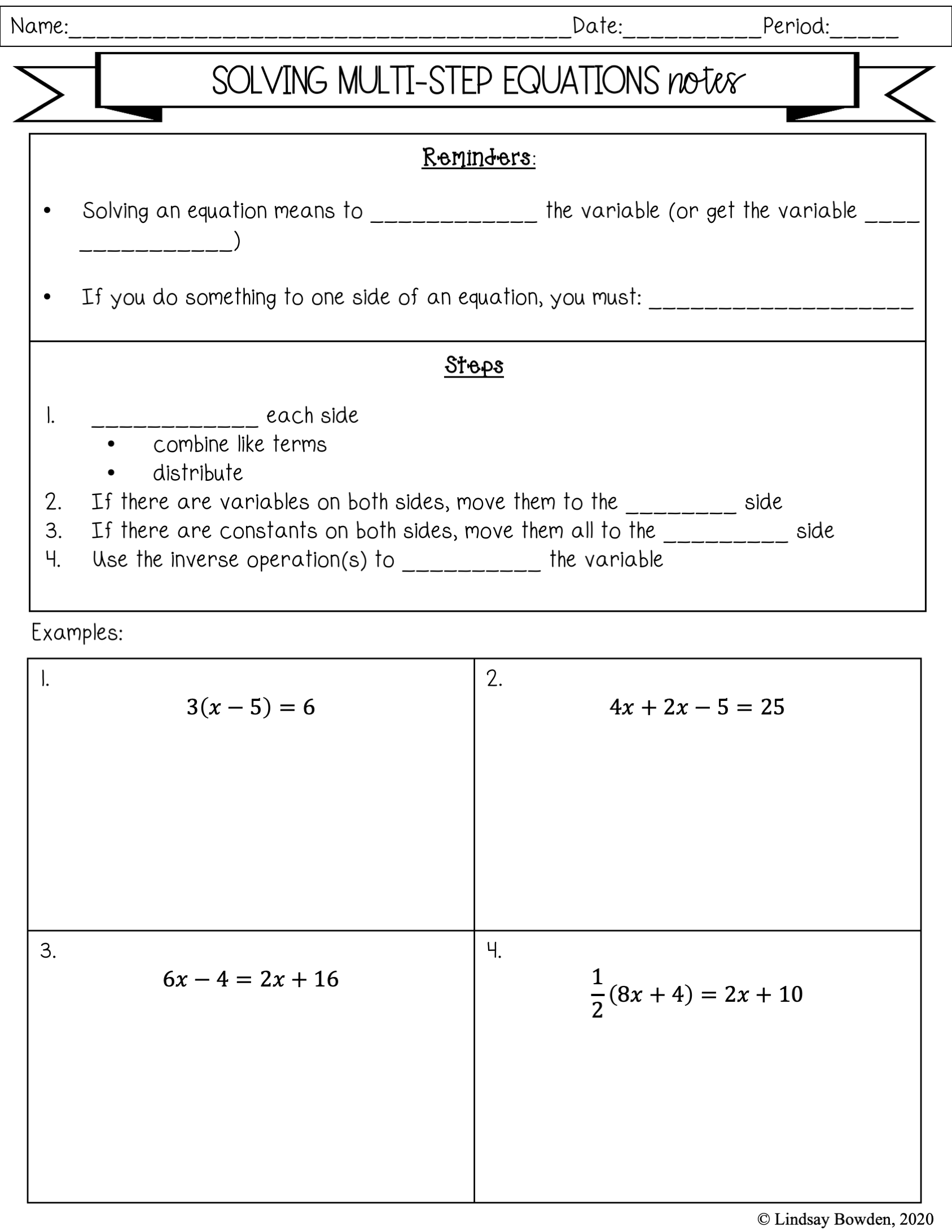 solving multi step equations worksheet