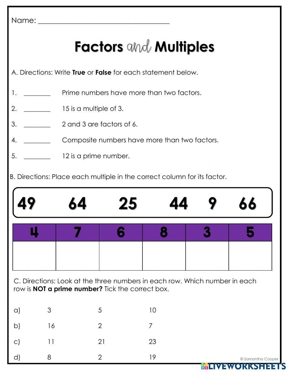 Multiples And Factors Worksheet