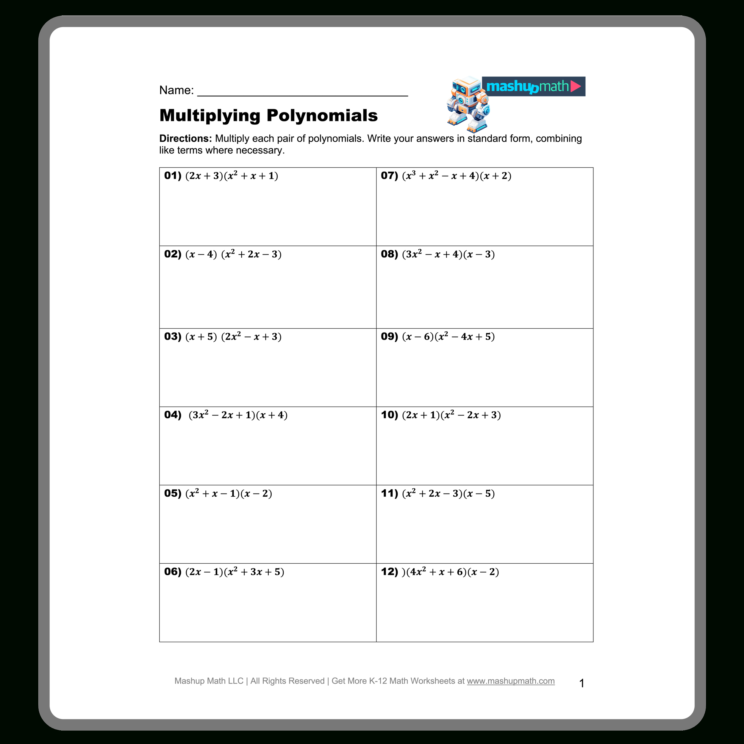 Multiplication Of Polynomials Worksheet Multiplication Worksheets