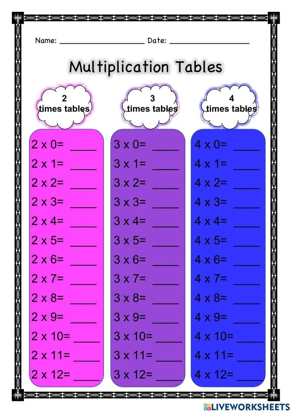 Multiplication Tables 2 3 4 Worksheet Worksheets Library