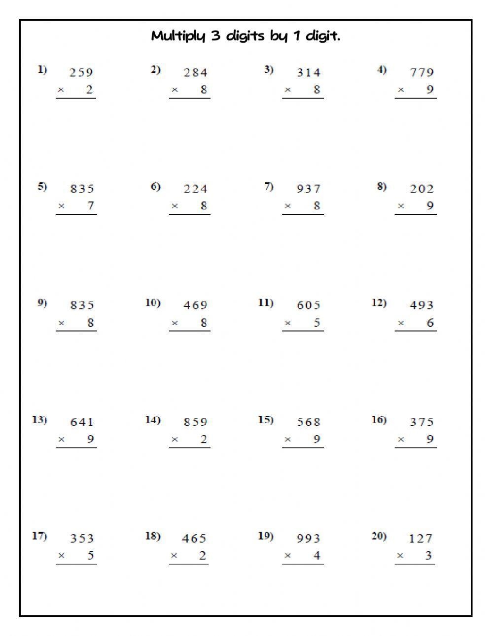 2 digit multiply 1 digit worksheet