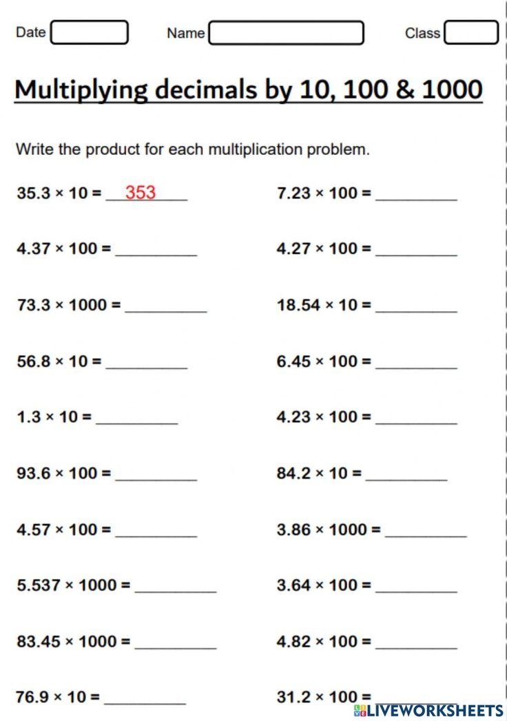 Multiply Decimals With 10 100 1000 Math Worksheet