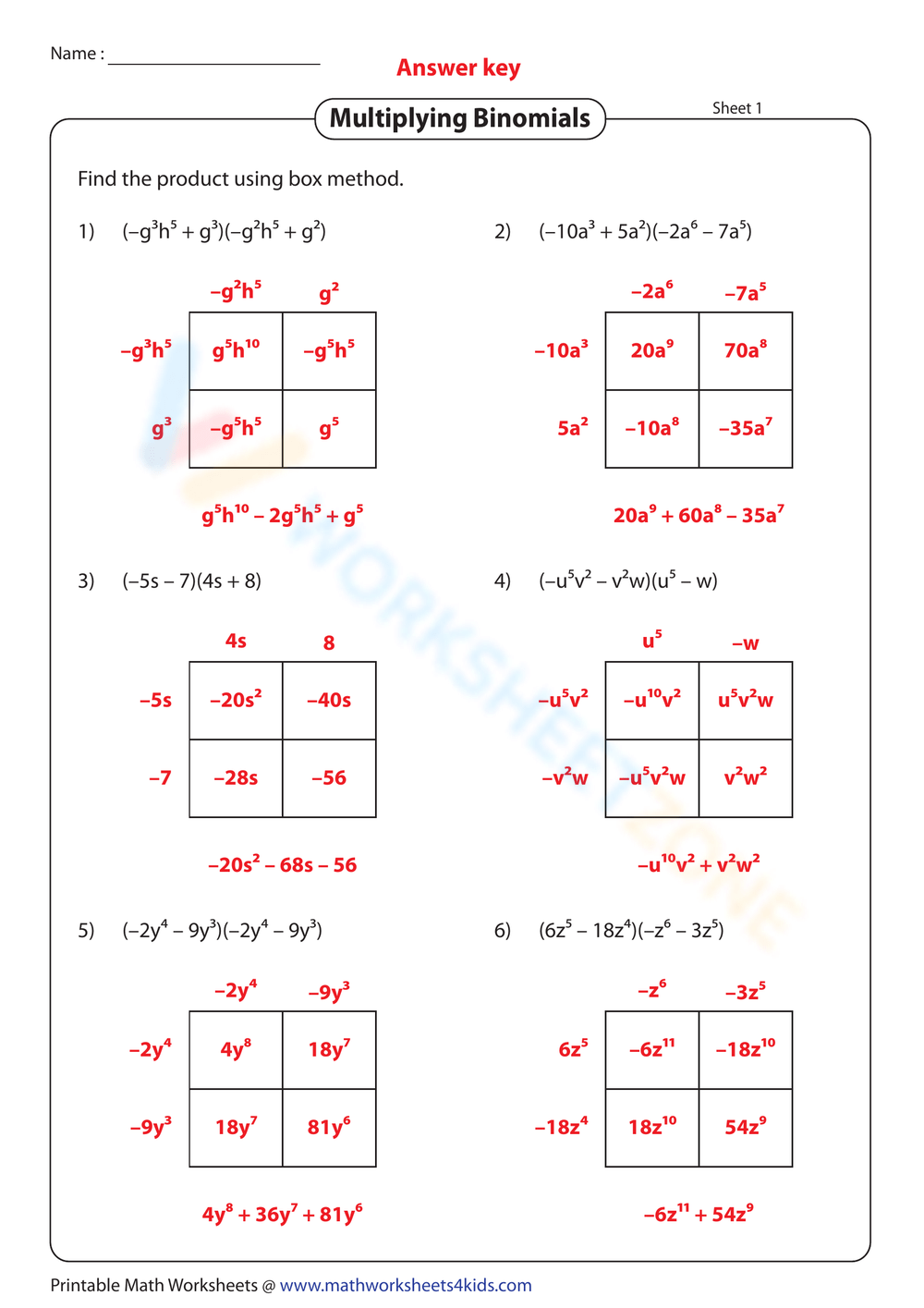 Multiplying Binomial Using Box Method Worksheet Worksheets Library