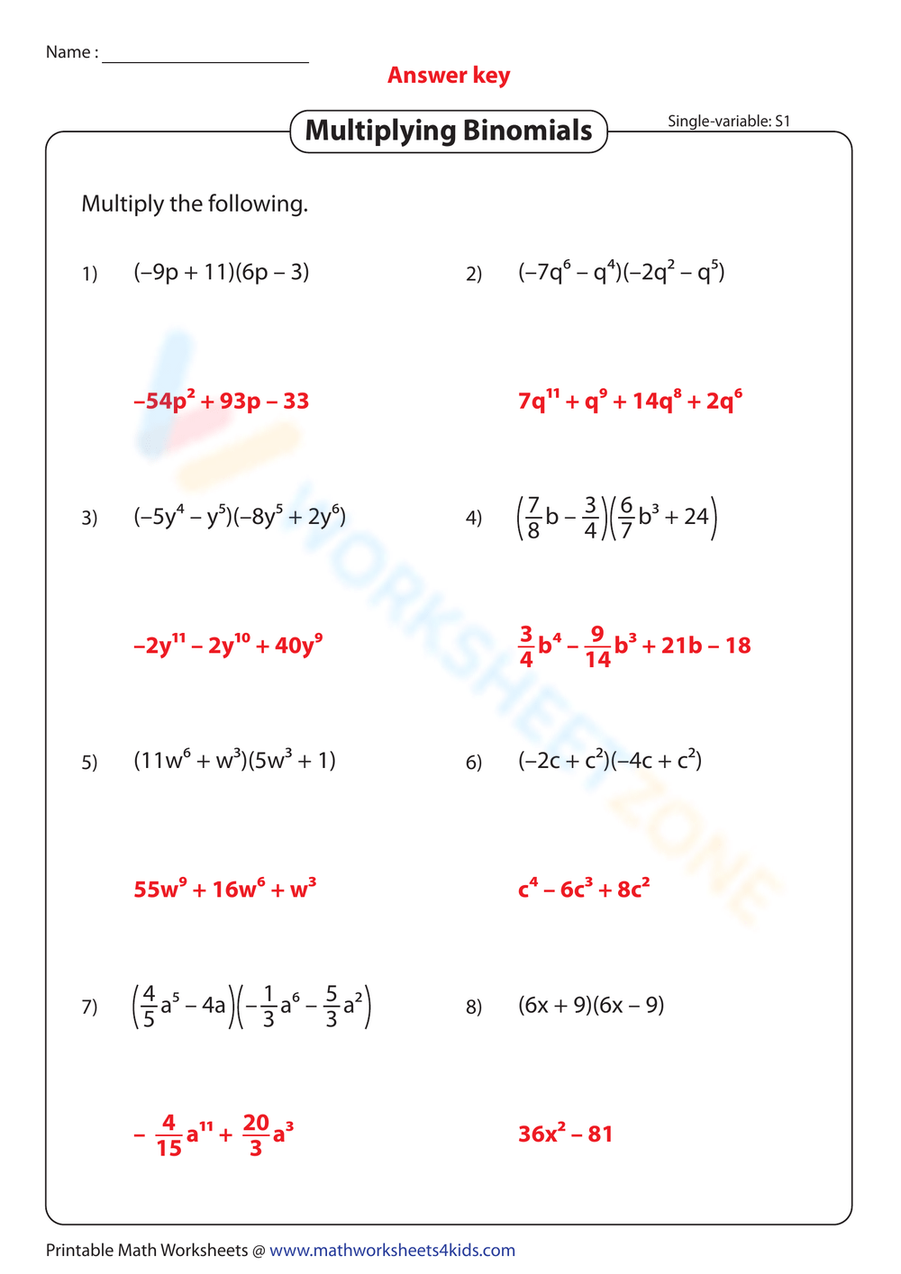 Multiplying Binomials Color By Number Worksheets Library