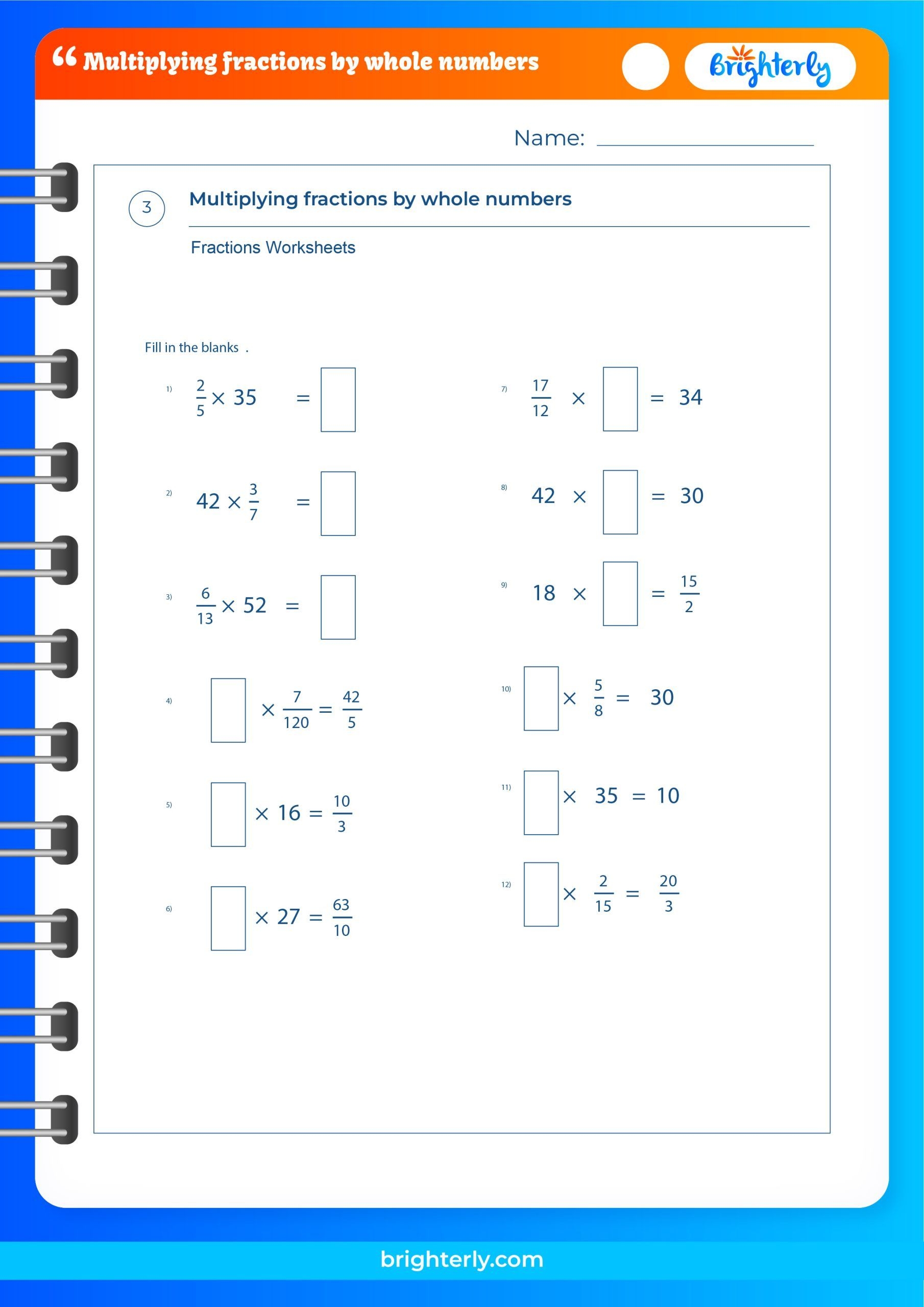 multiplying fractions times whole numbers worksheets