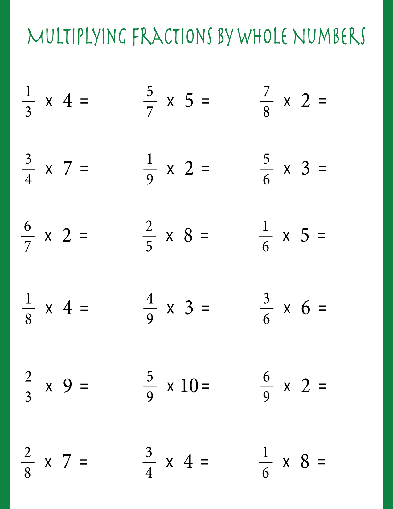 Multiplying Fractions Whole Numbers Worksheets