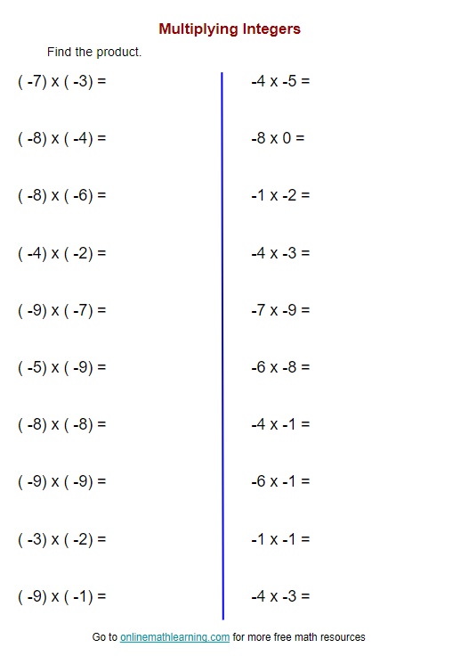 Multiplying Integers Worksheet printable Online Answers Examples Multiplying Integers Worksheet printable Online Answers Examples