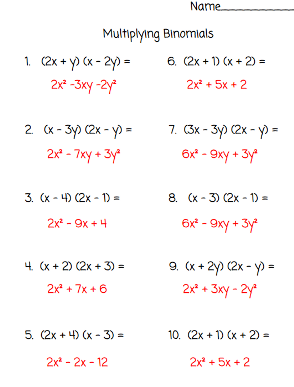 Multiplying Monomials FOIL Method Worksheets Library