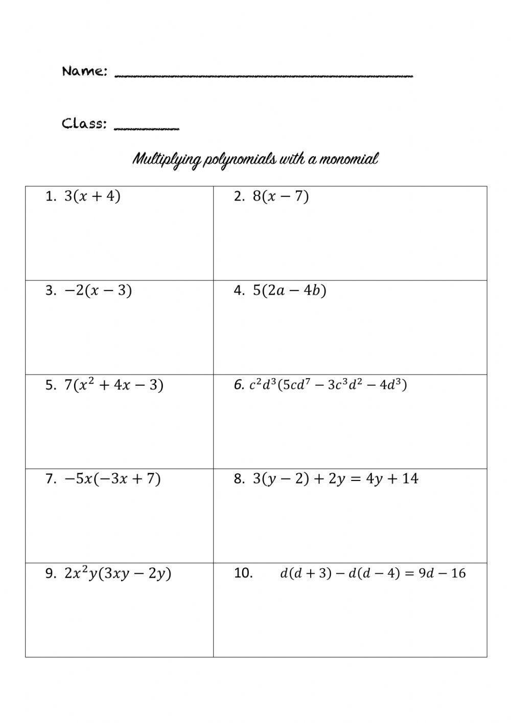 multiplication of polynomials worksheet