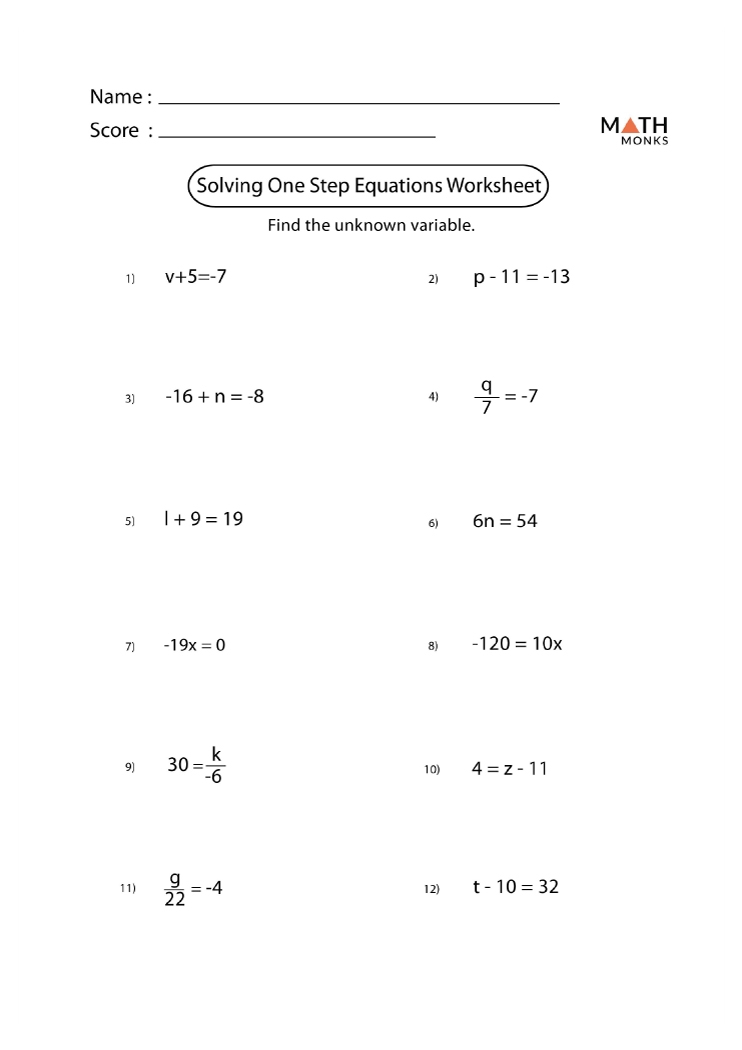 One Step Equations Worksheets Math Monks One Step Equations Worksheets Math Monks