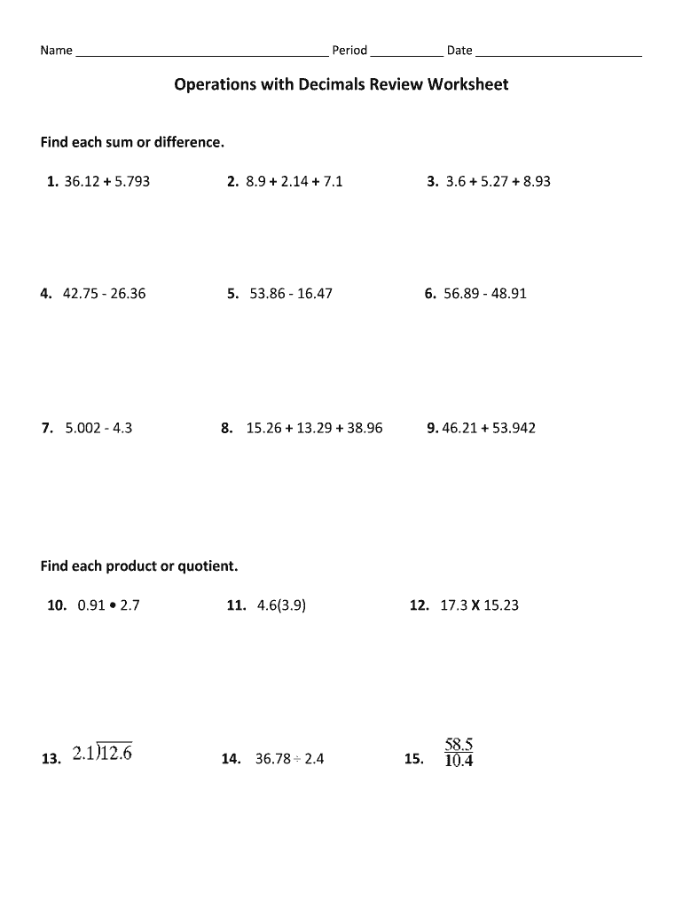 Operations With Decimals Review Worksheet Fill And Sign Printable 