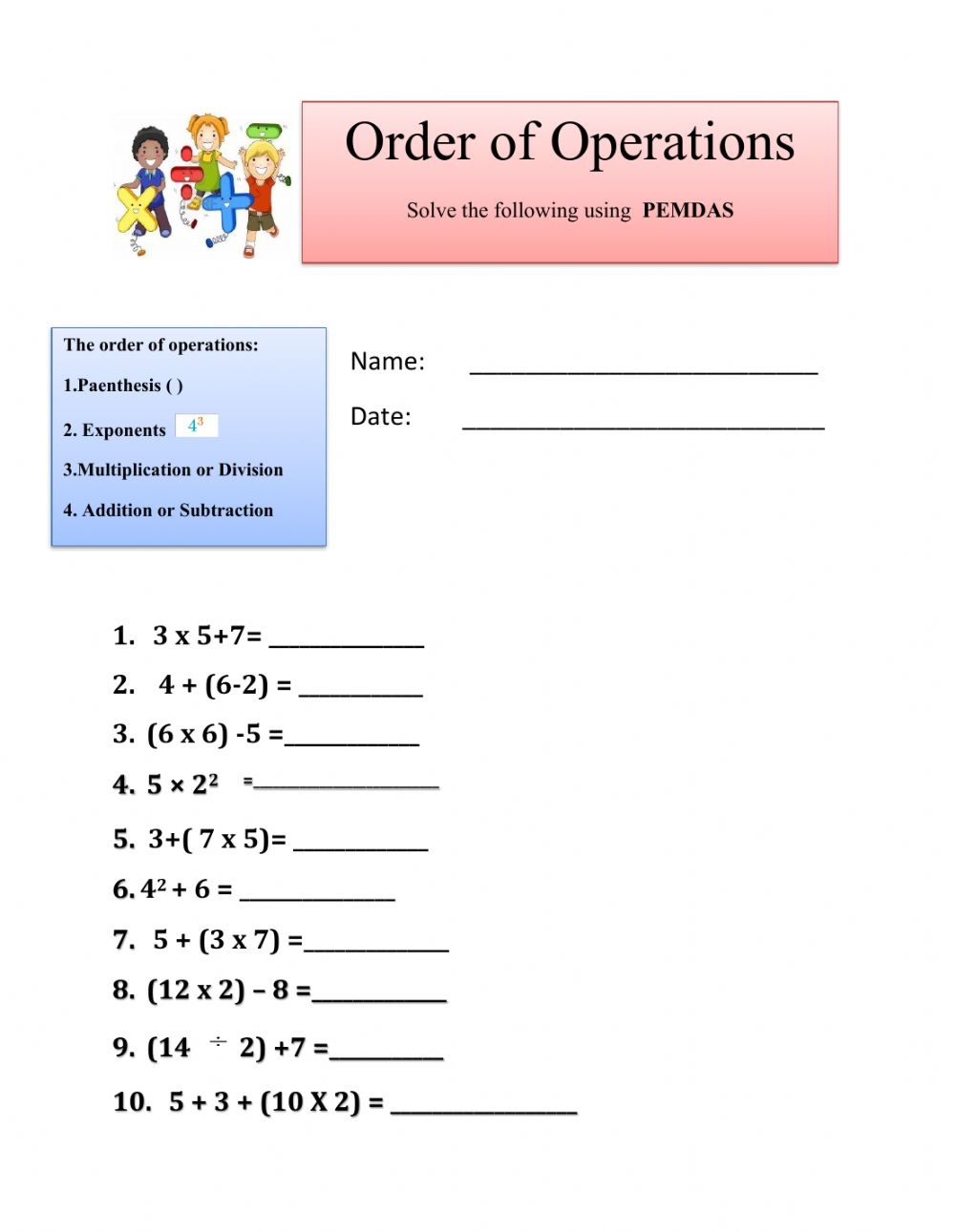 Order Of Operations Online Worksheets Order Of Operation Worksheets