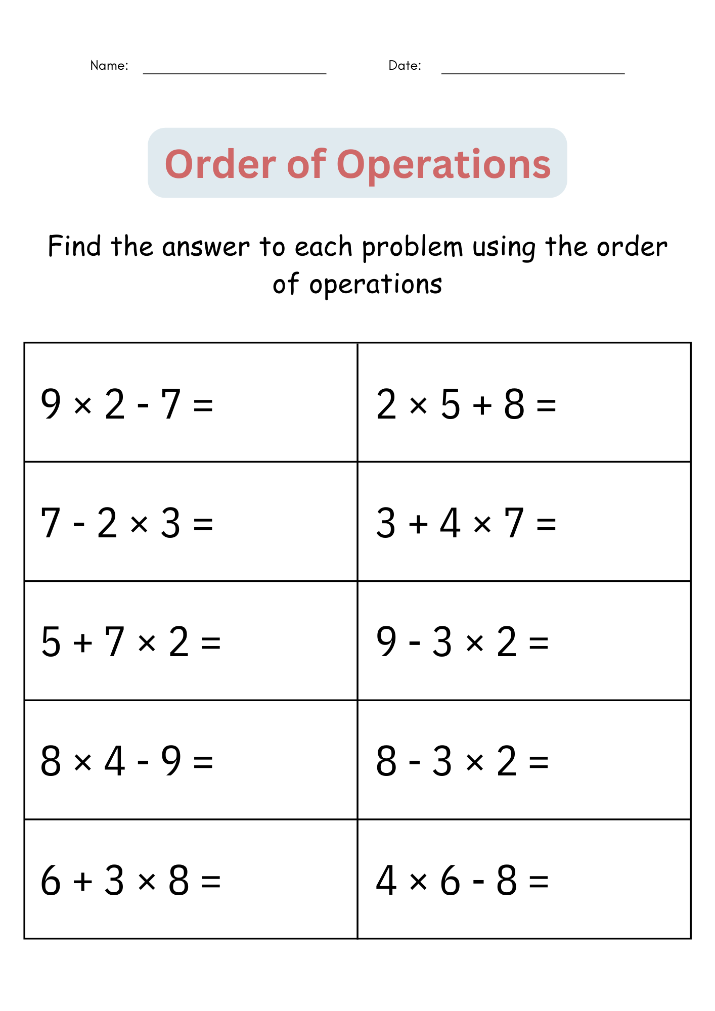 Order Of Operations Worksheet Printable Order Of Operations Worksheet Printable