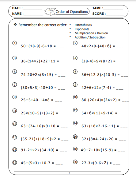 Order Of Operations Worksheets Addition Subtraction Multiplication and 