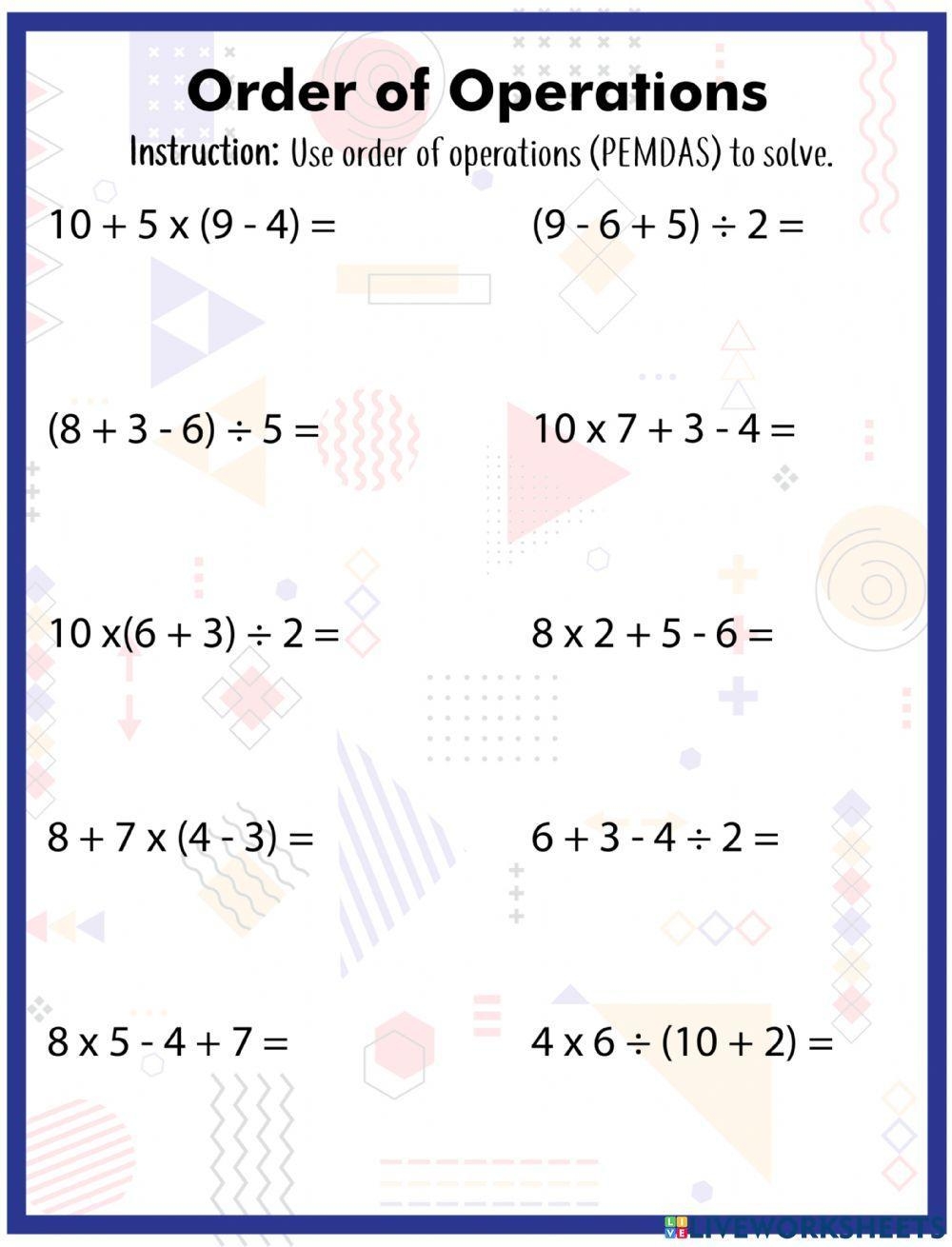order of operations worksheet