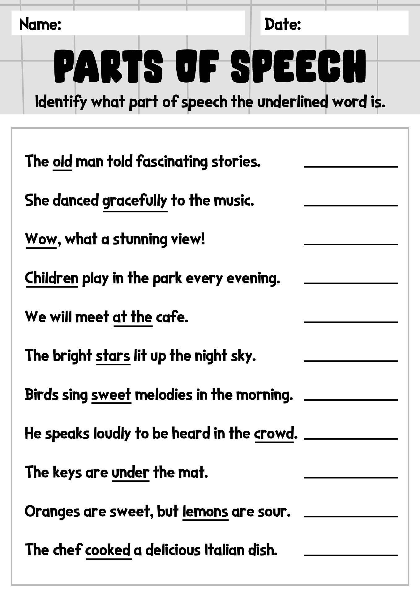 Parts Of Speech Identification Worksheets Parts Of Speech Chart What