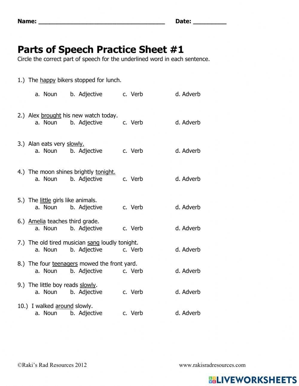 Parts Of Speech Practice Online Worksheet Worksheets Library