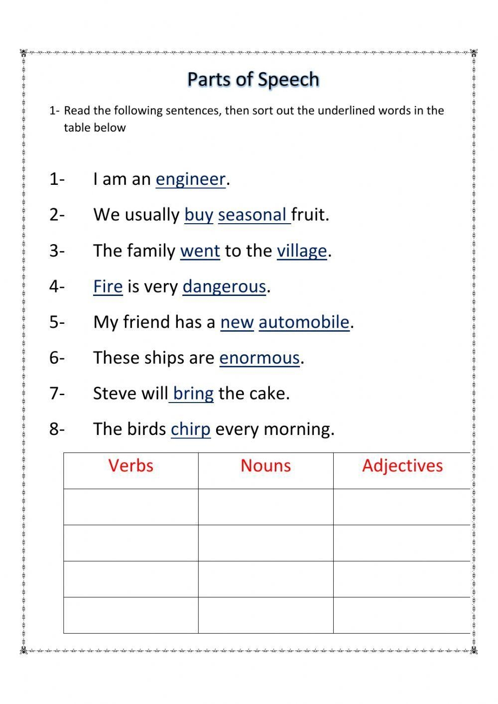 Parts Of Speech Worksheet