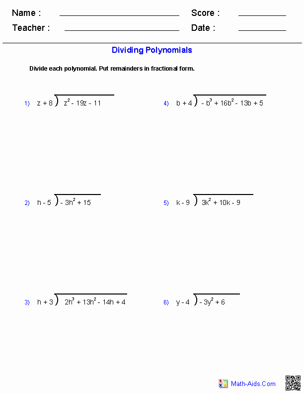 Polynomial Long Division Worksheet Lovely Algebra 1 Worksheets 
