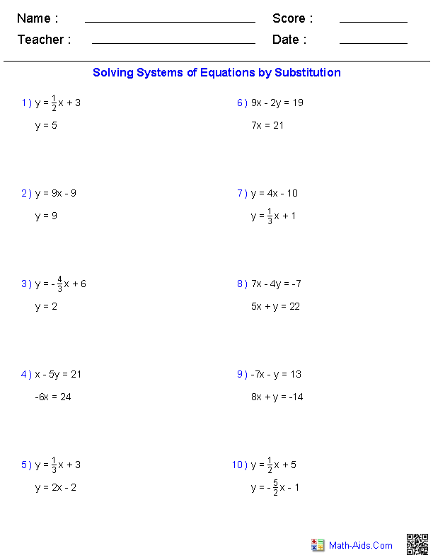 Pre Algebra Worksheets Systems Of Equations Worksheets