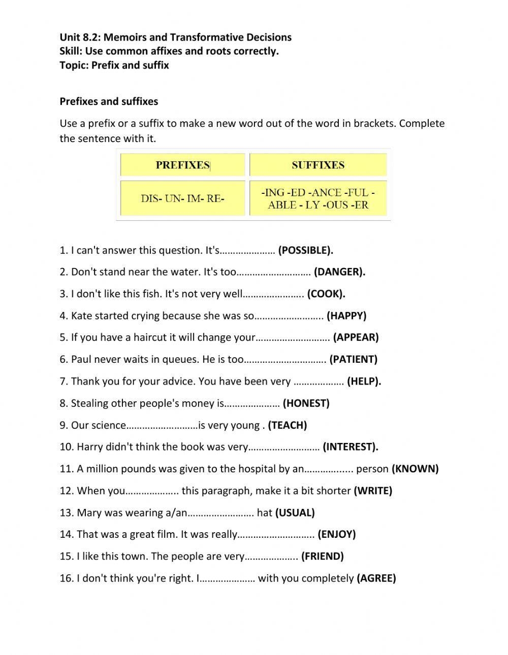 Prefix And Suffix Exercises