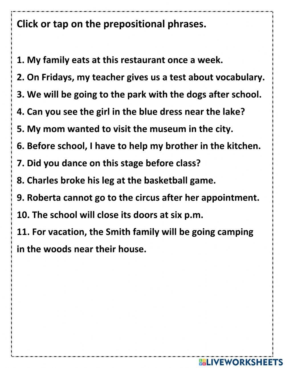 Prepositional Phrases Exercise For 5 Live Worksheets Worksheets Library