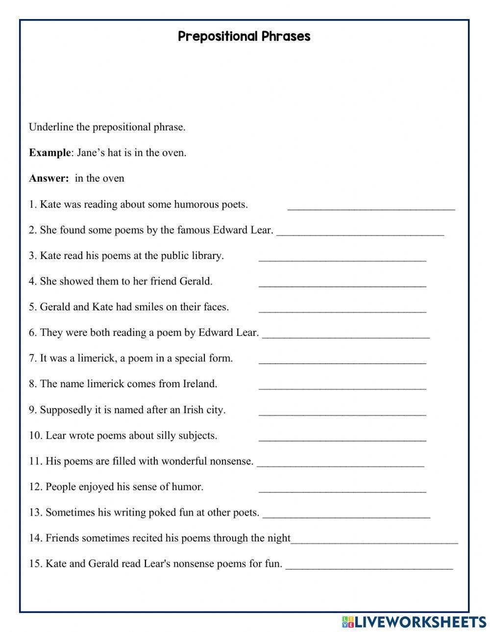 Prepositional Phrases Worksheet For Grade 5 Worksheets Library