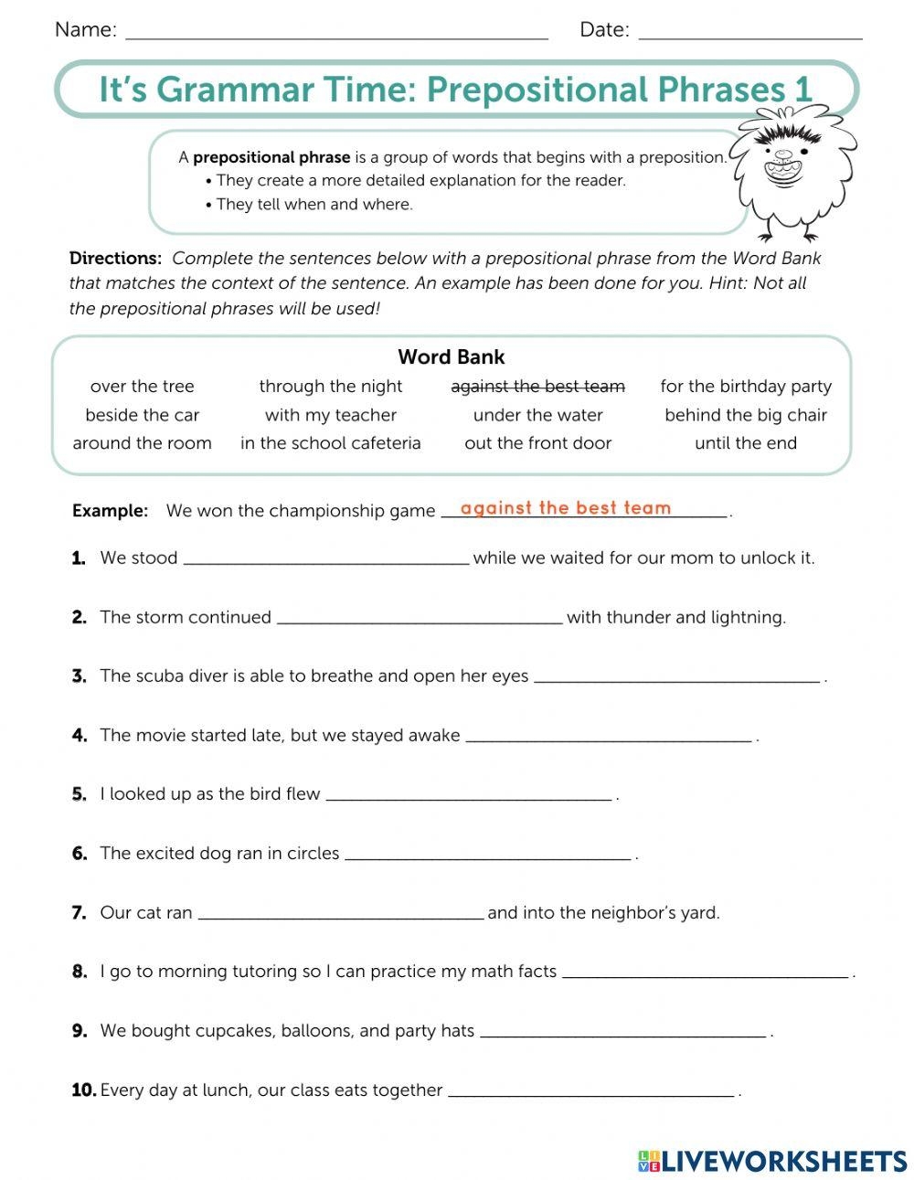 Prepositional Phrases Worksheet With Monster Trucks Parts Of 
