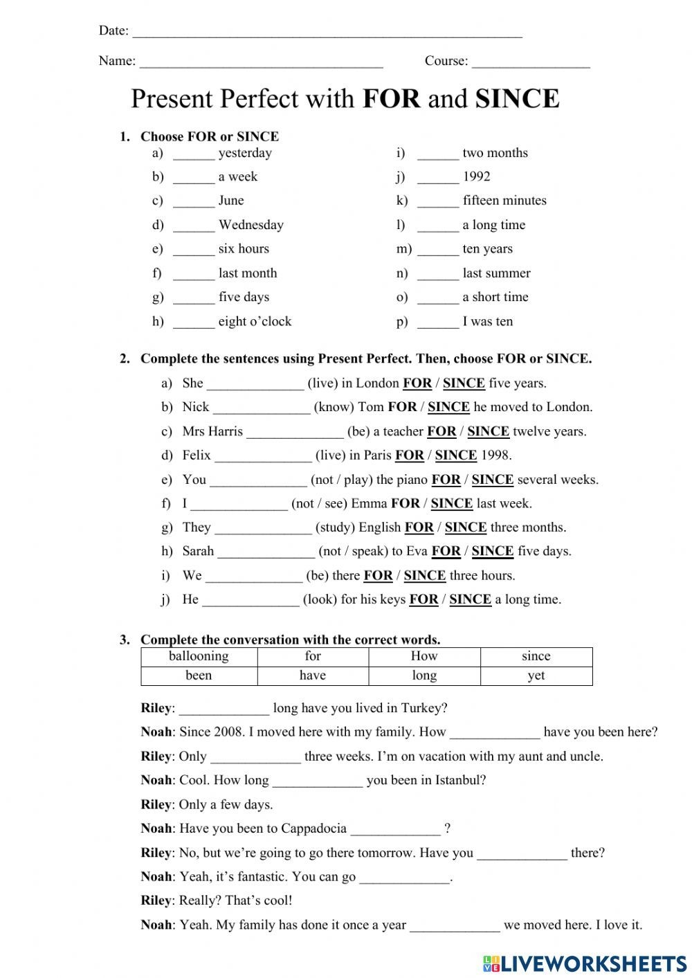 Present Perfect With FOR And SINCE Worksheet