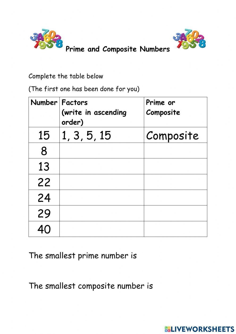 prime composite numbers worksheet prime composite numbers worksheet
