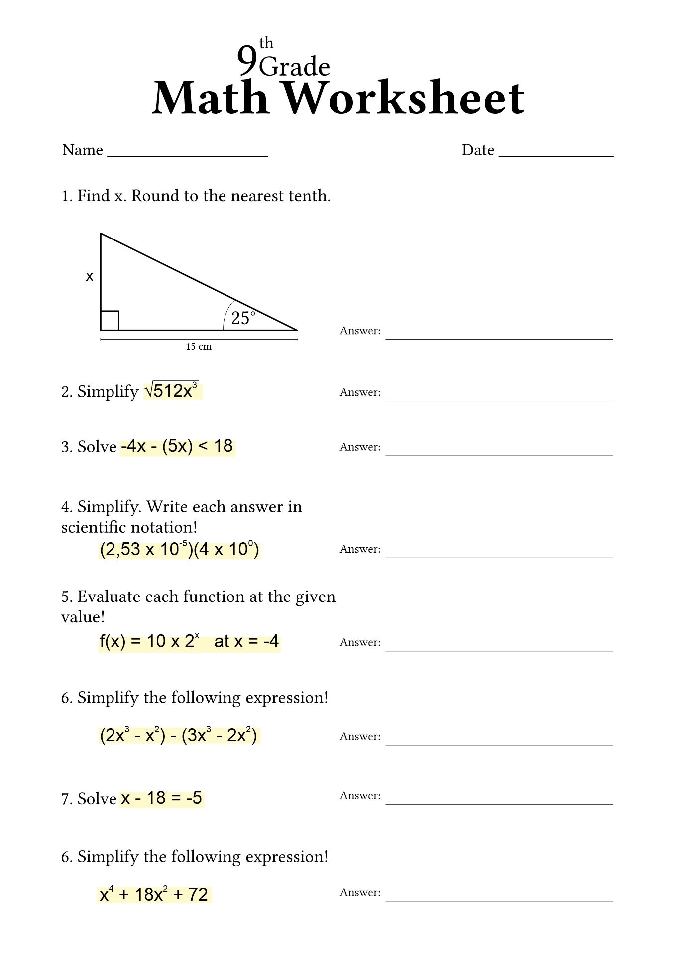 Printable 9th Grade Math Worksheets Printable 9th Grade Math Worksheets