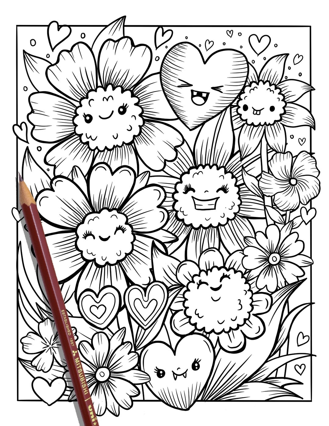 PRINTABLE Cute Flowers Coloring Page Hand drawn Coloring Sheet PRINTABLE Cute Flowers Coloring Page Hand drawn Coloring Sheet