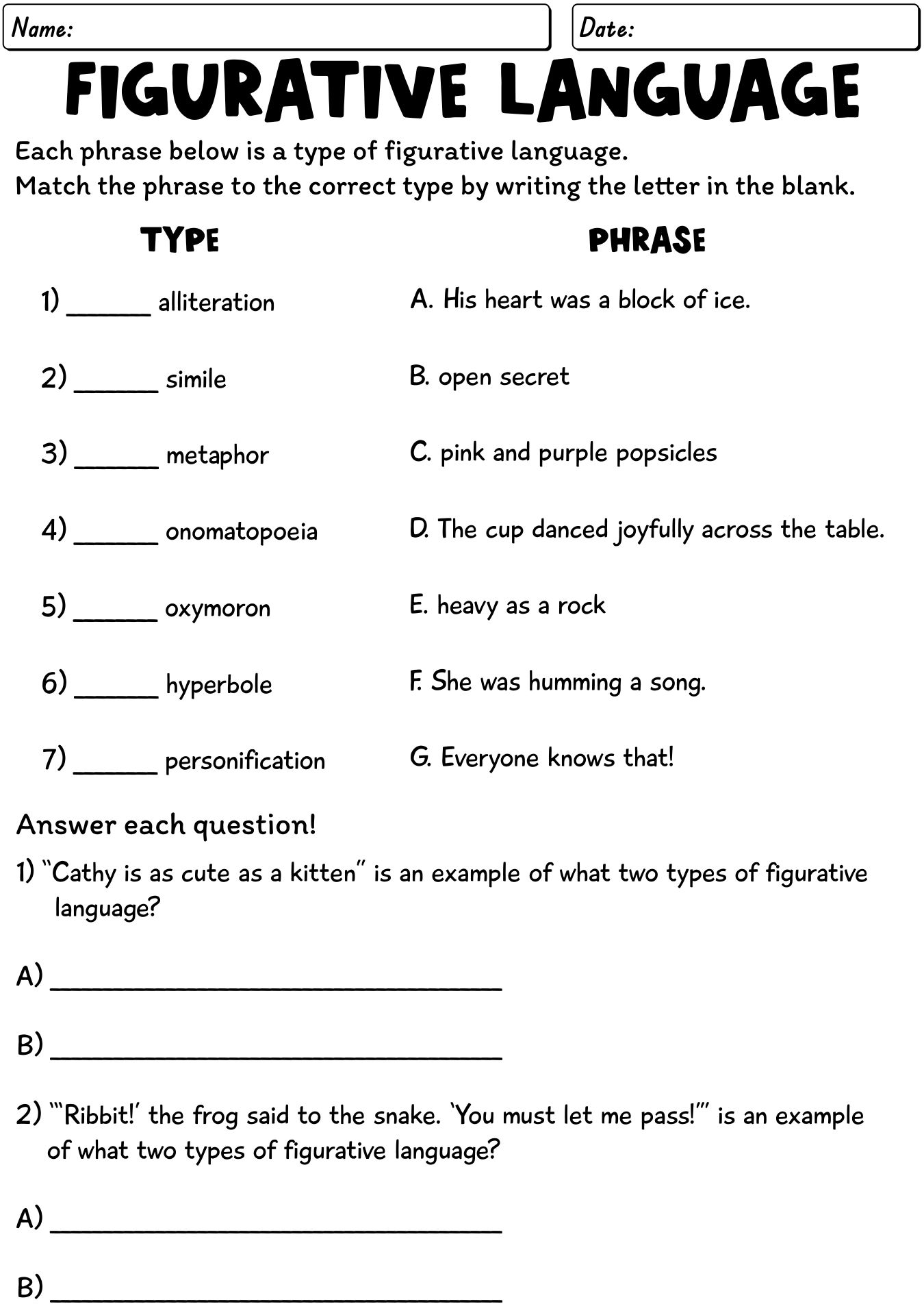 Printable Figurative Language Worksheets Preschool Coloring 
