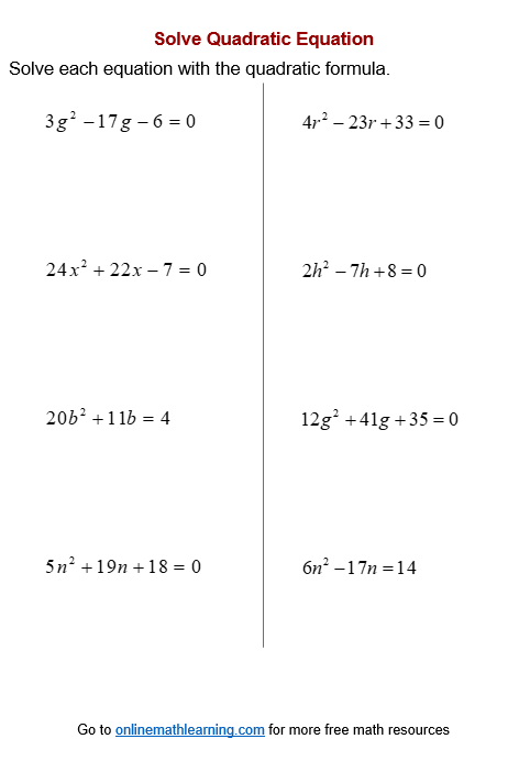 Quadratic Formula Worksheets printable Online Answers Examples 