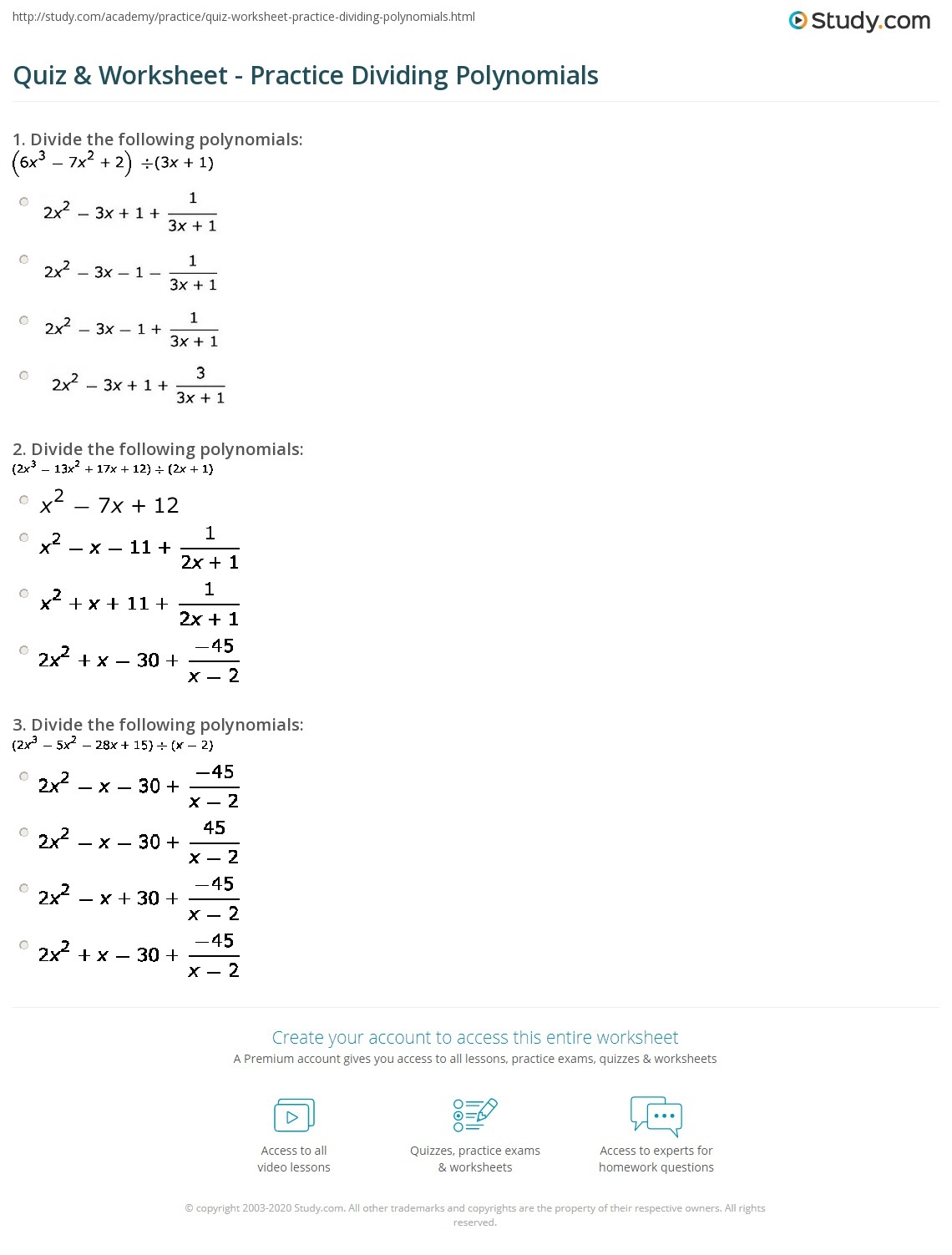 Quiz Worksheet Practice Dividing Polynomials Study Quiz Worksheet Practice Dividing Polynomials Study