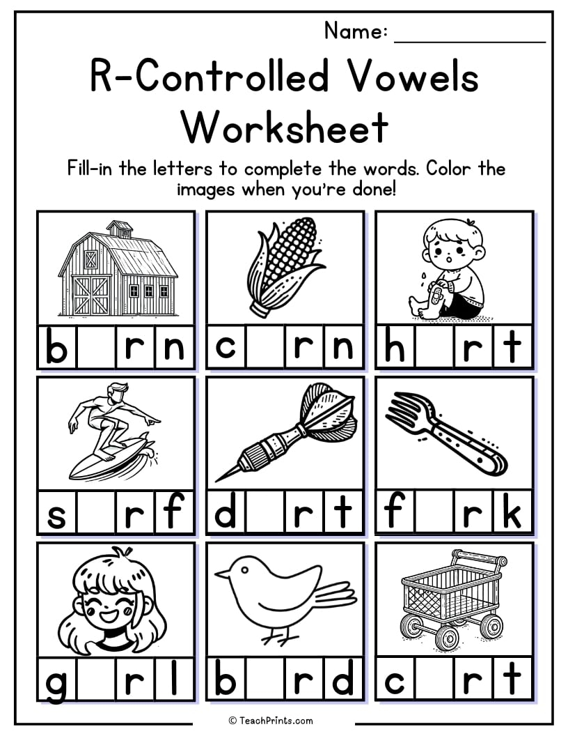r controlled vowels worksheets
