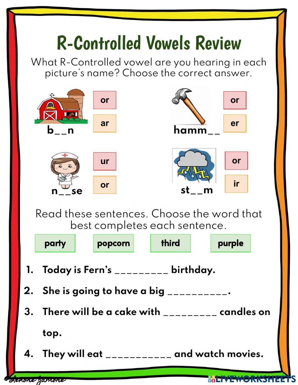 R Controlled Vowels Worksheets