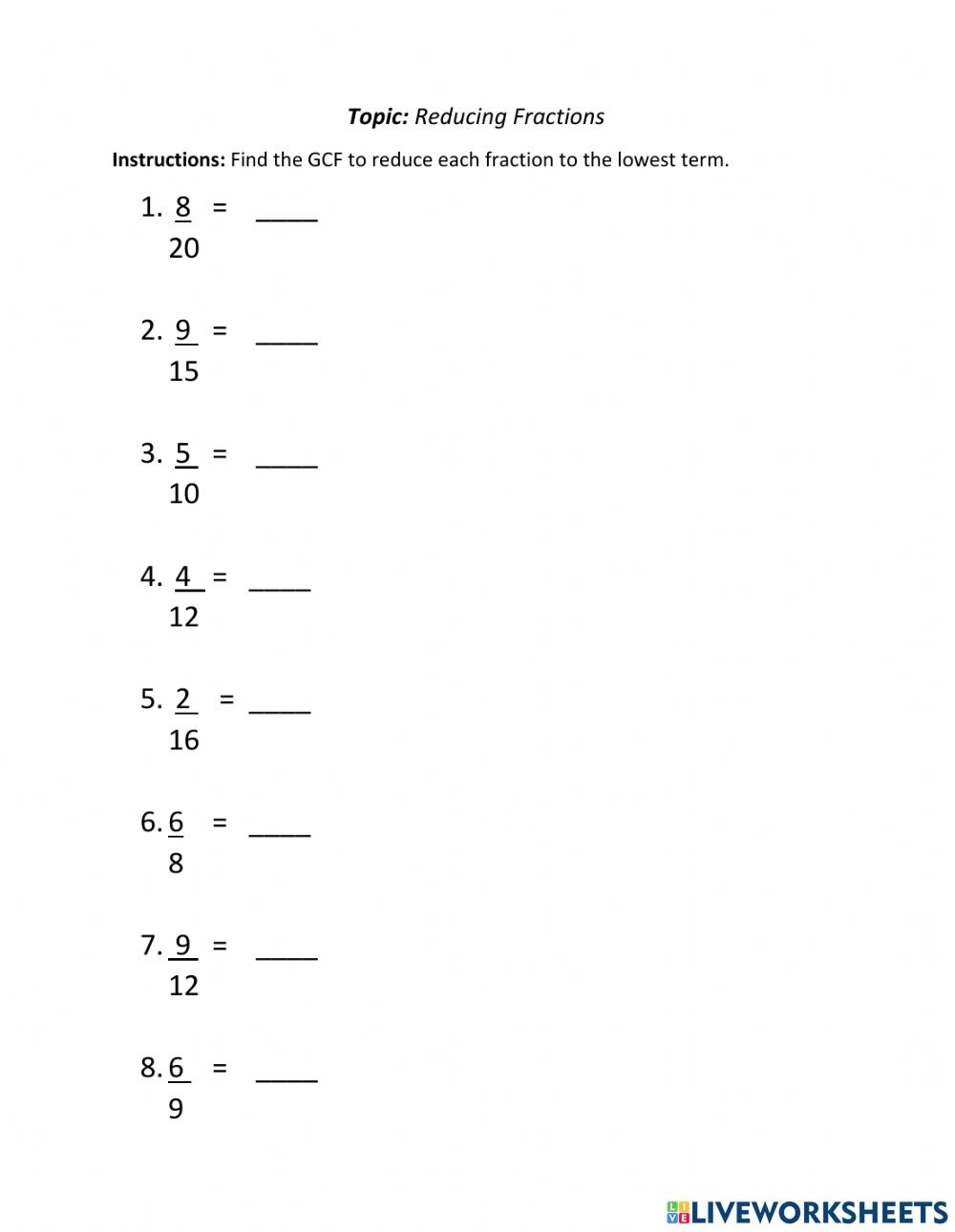 Reducing Fractions Free Worksheet Order Of Operation Worksheets
