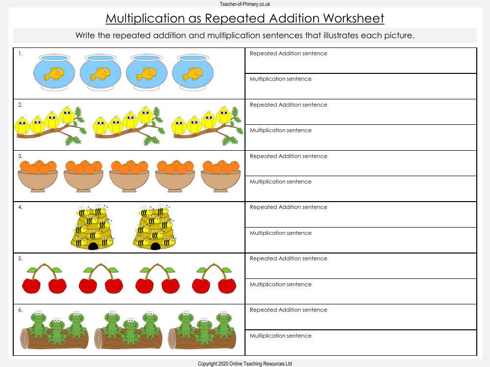 Repeated Addition And Multiplication Sentence Math Worksheets 
