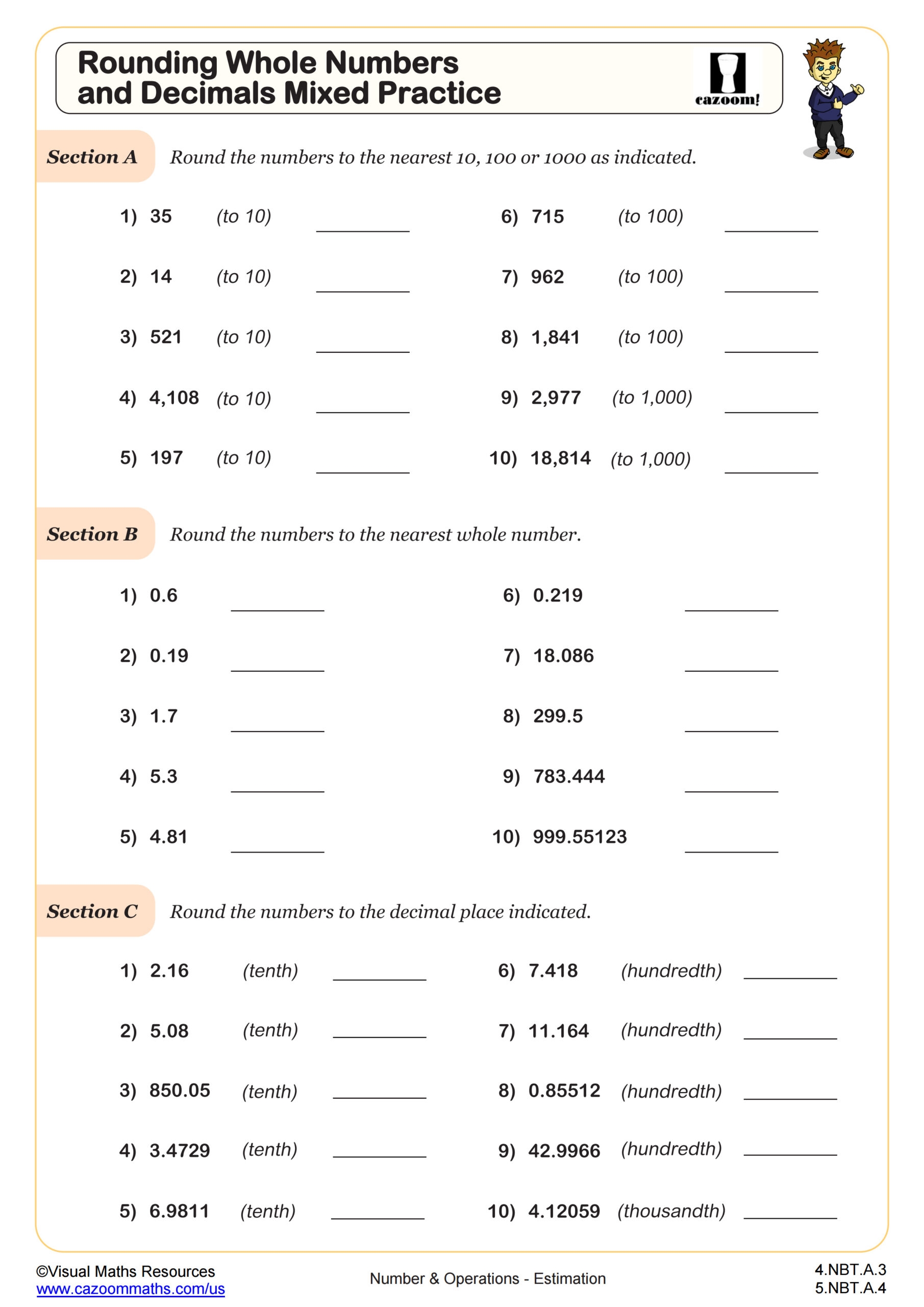 Round Decimals To The Nearest Hundredth Math Worksheets 