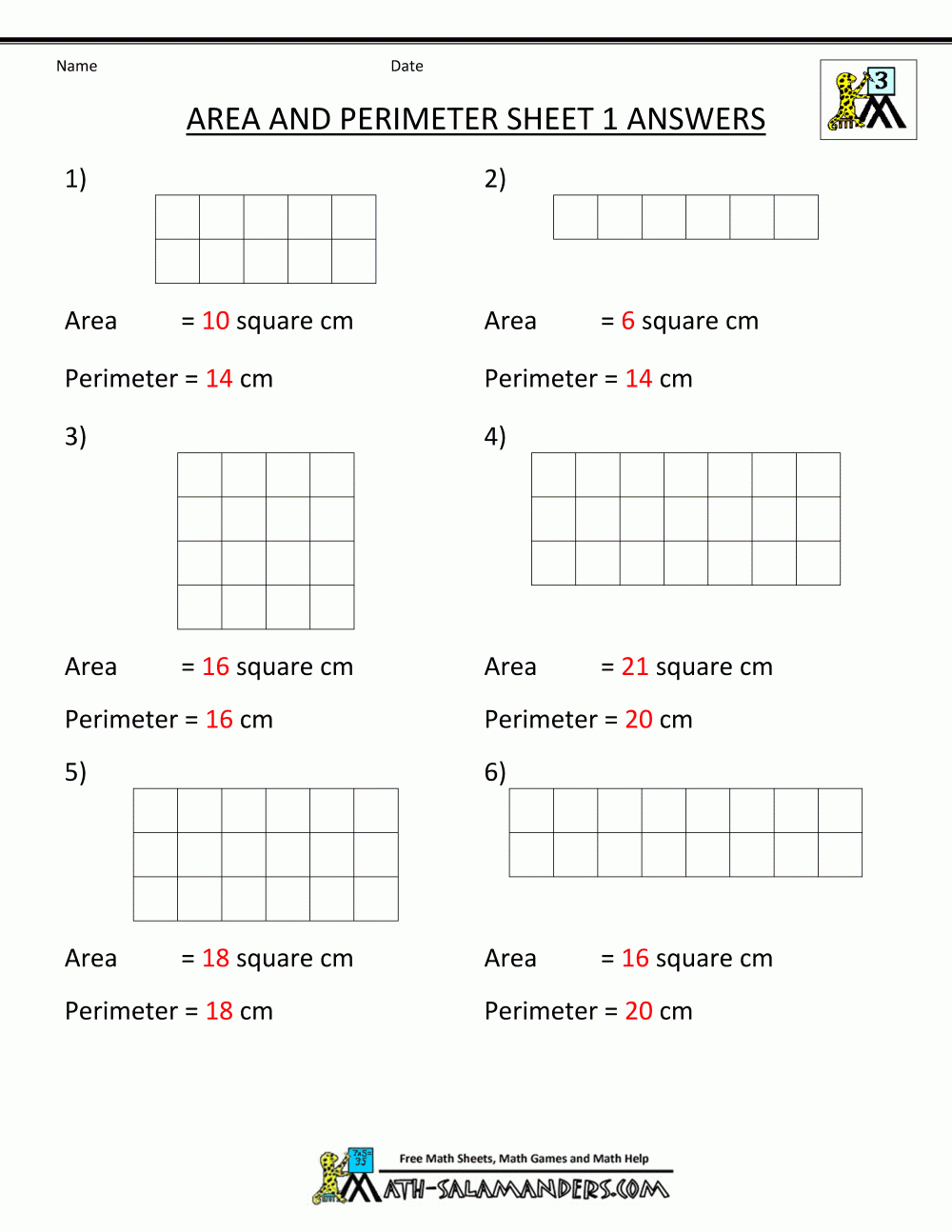 area perimeter worksheets