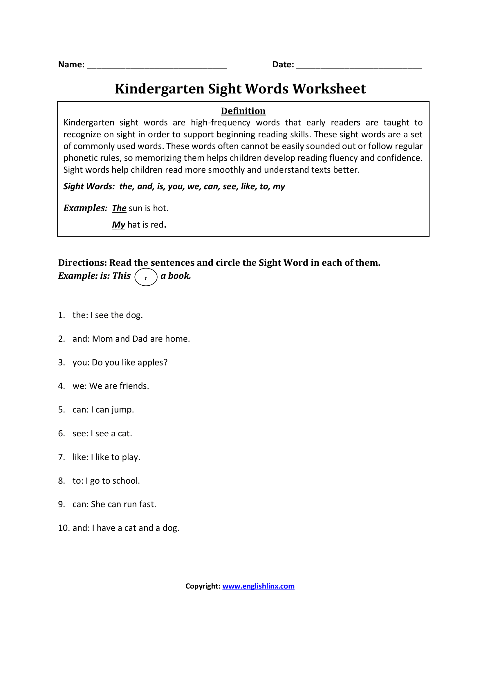 Sight Words Worksheets Kindergarten Sight Words Worksheets