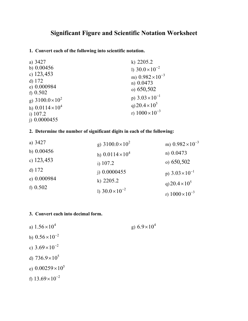 Significant Figure And Scientific Notation Worksheet With Answers 