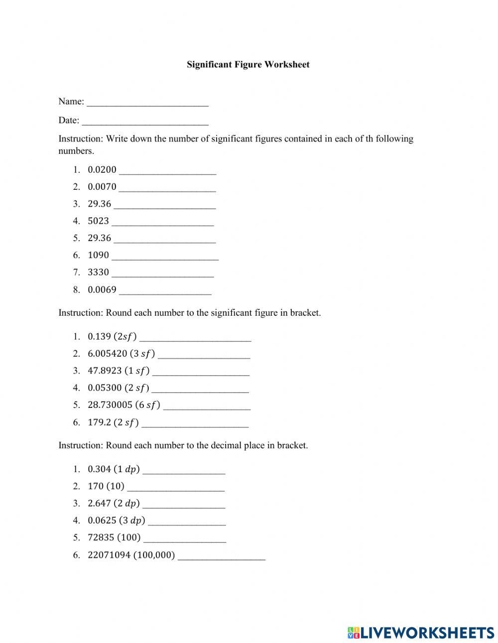 Significant Figures And Decimal Places Worksheet Worksheets Library