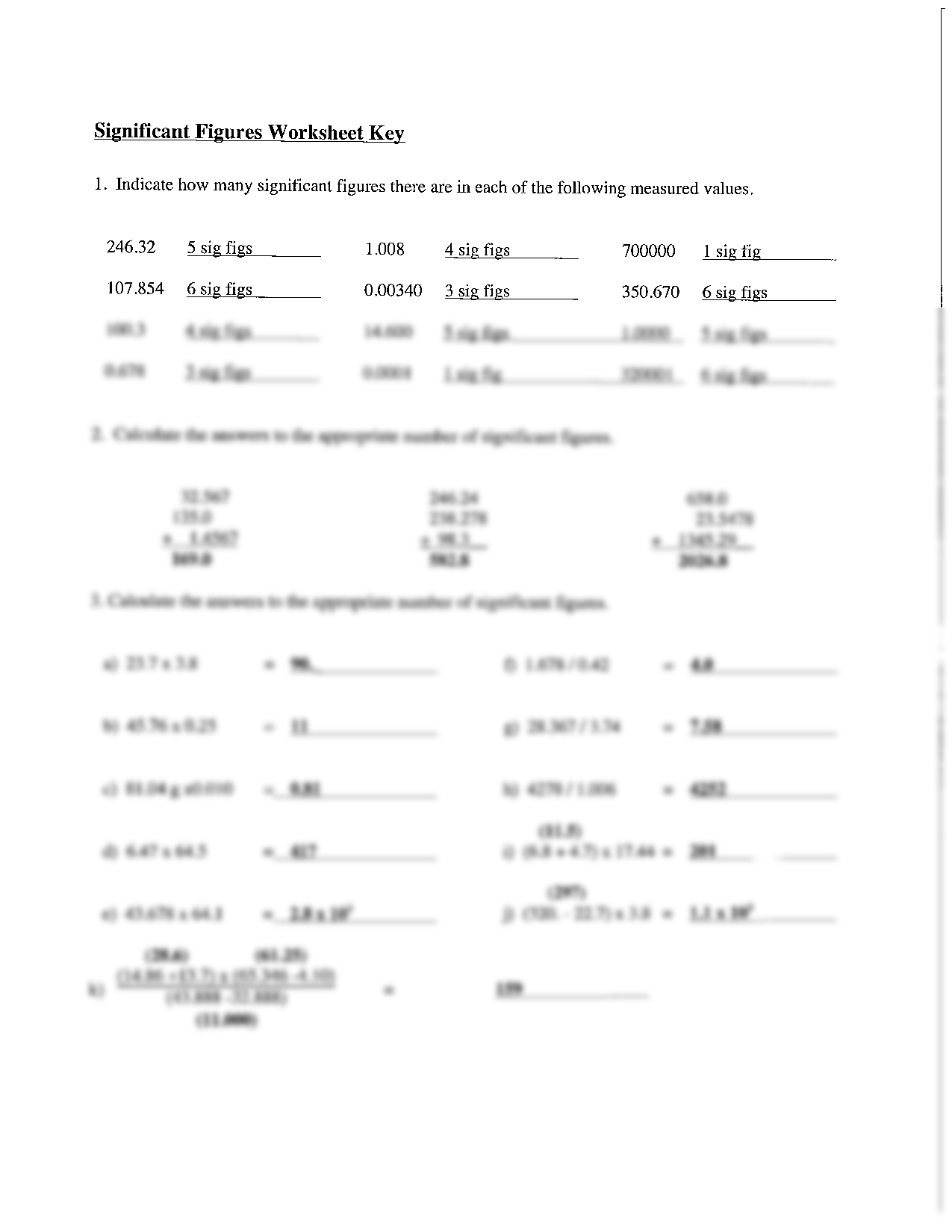 Significant Figures Calculations Worksheet Worksheets Library