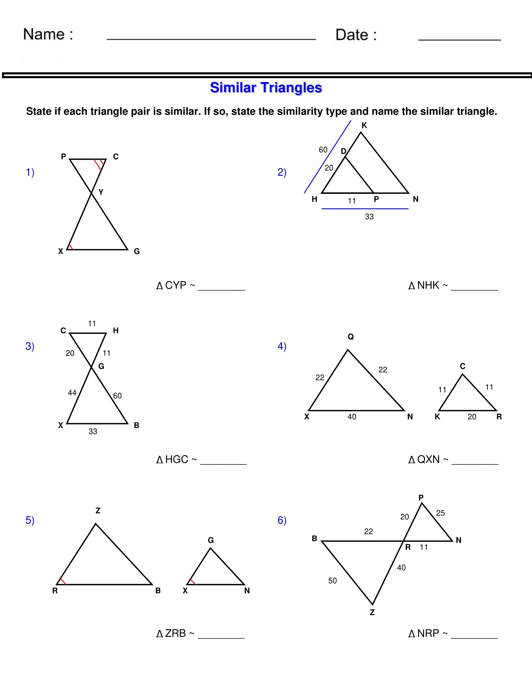 Similar Triangles Worksheets state The Similarity Type Similarity Similar Triangles Worksheets state The Similarity Type Similarity