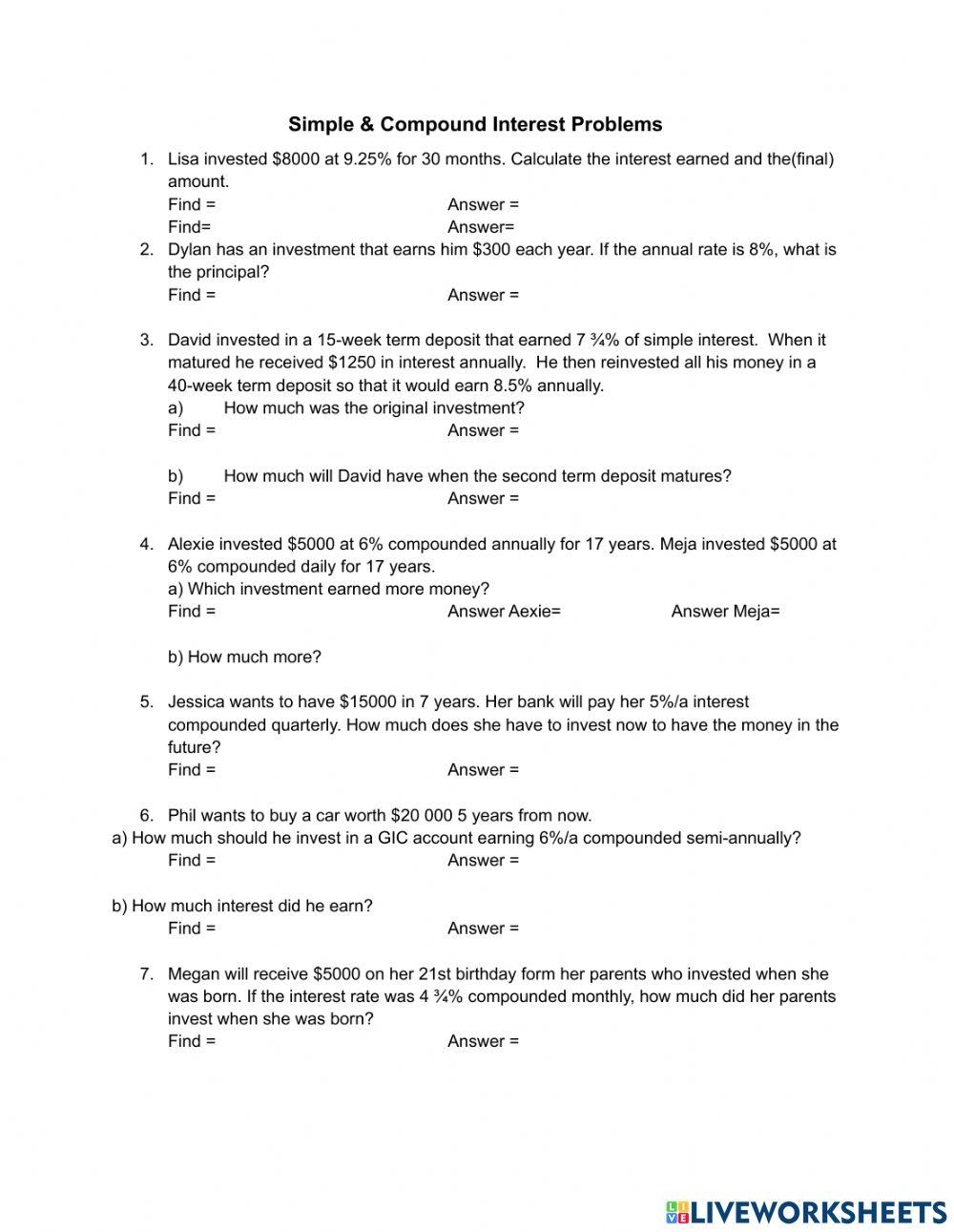 Simple Compound Interest Problems Worksheet Live Worksheets Simple Compound Interest Problems Worksheet Live Worksheets