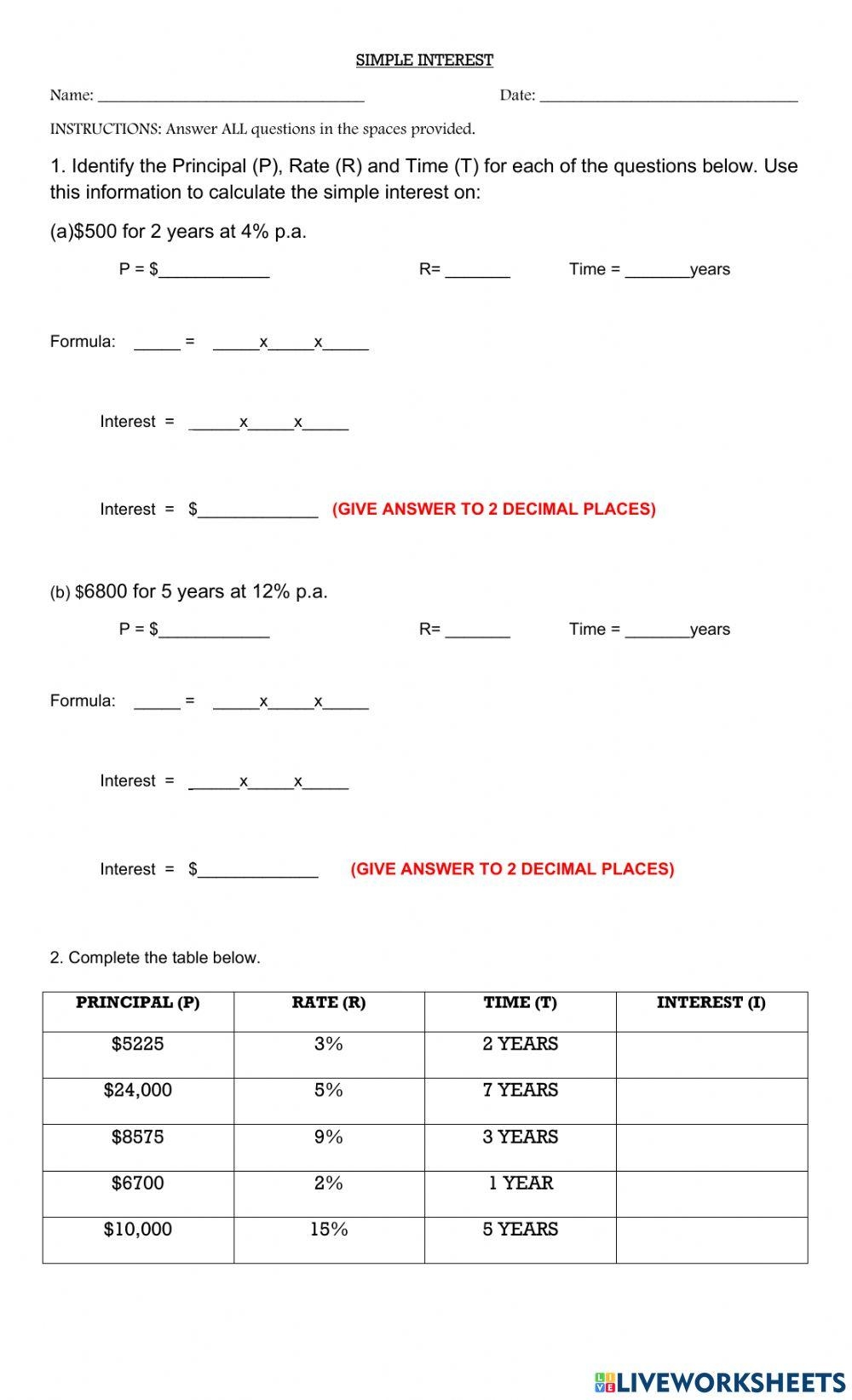 Simple Interest Worksheet 1 Worksheet Worksheets Library Simple Interest Worksheet 1 Worksheet Worksheets Library